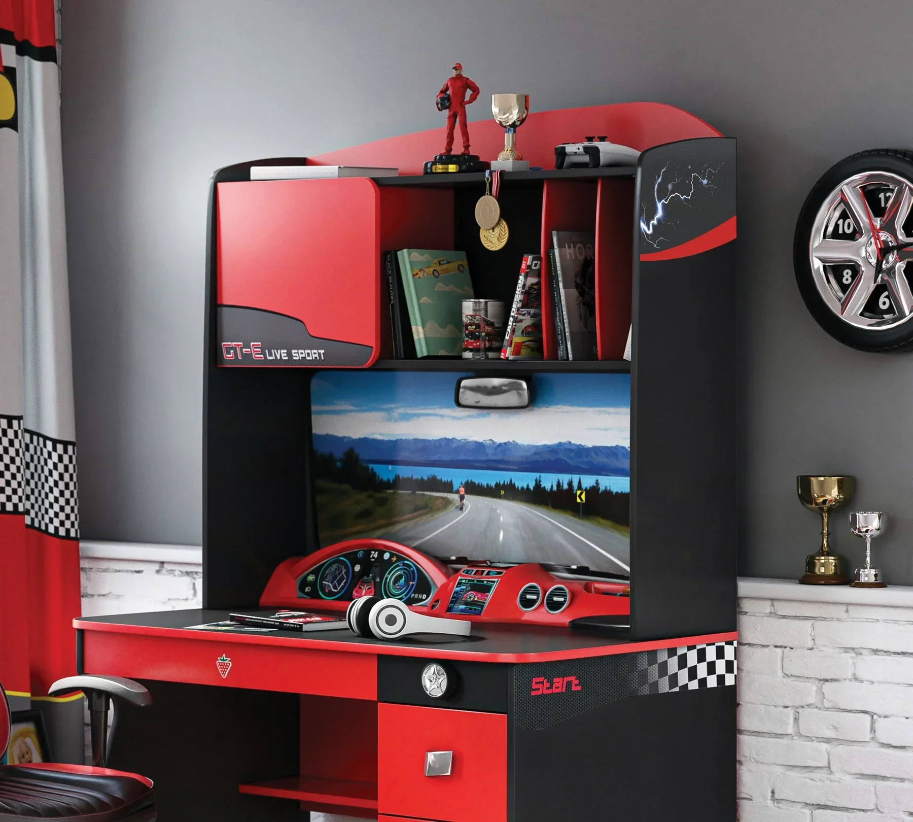 Бюро с надстройка «Champion Racer» + чекмеджета с органайзери, 3Д детайли, размери 115х174х68 - Image 7