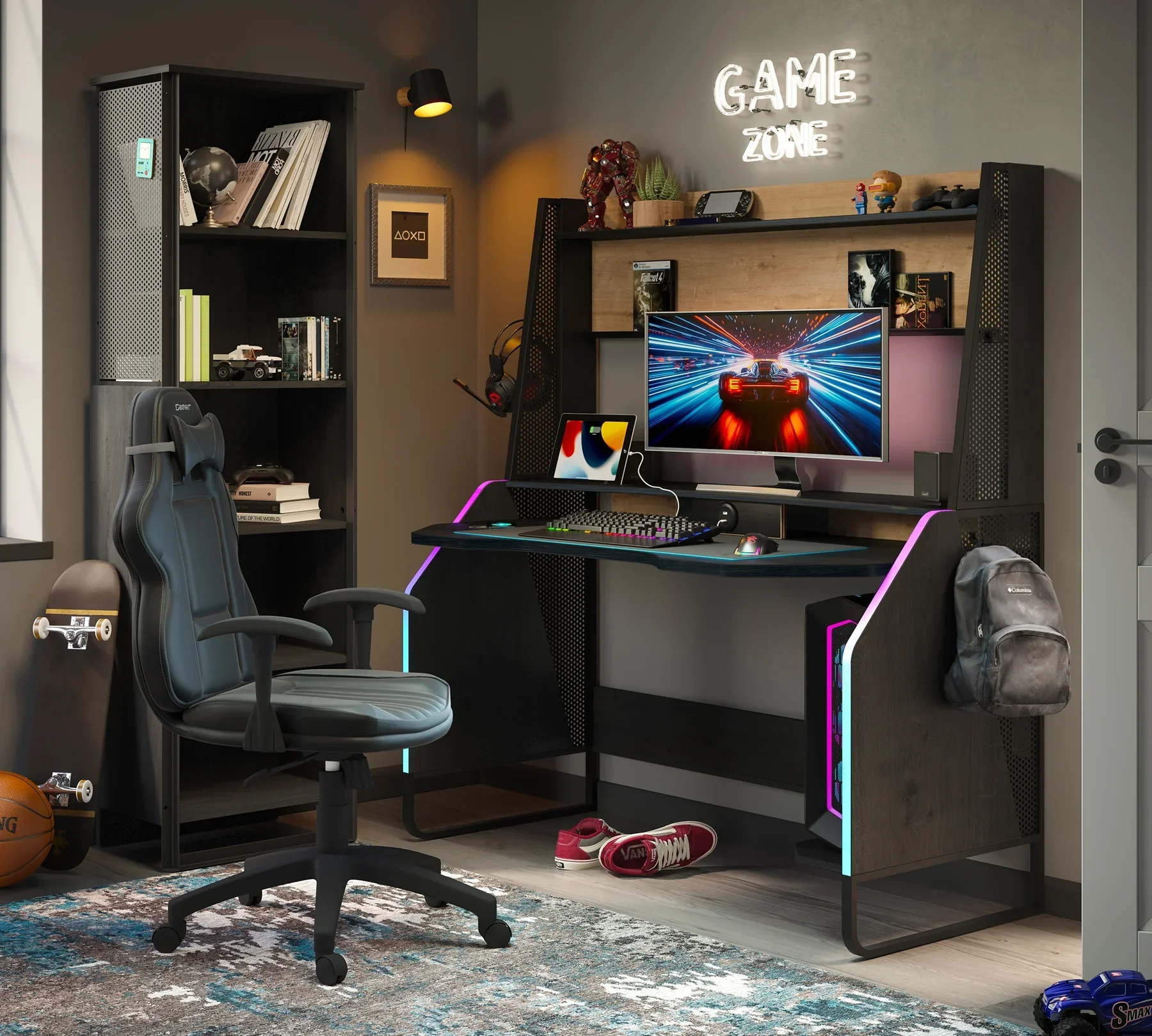 Геймърско бюро «Black 2» с USB зарядна станция, размер 142x154x72 - Image 6