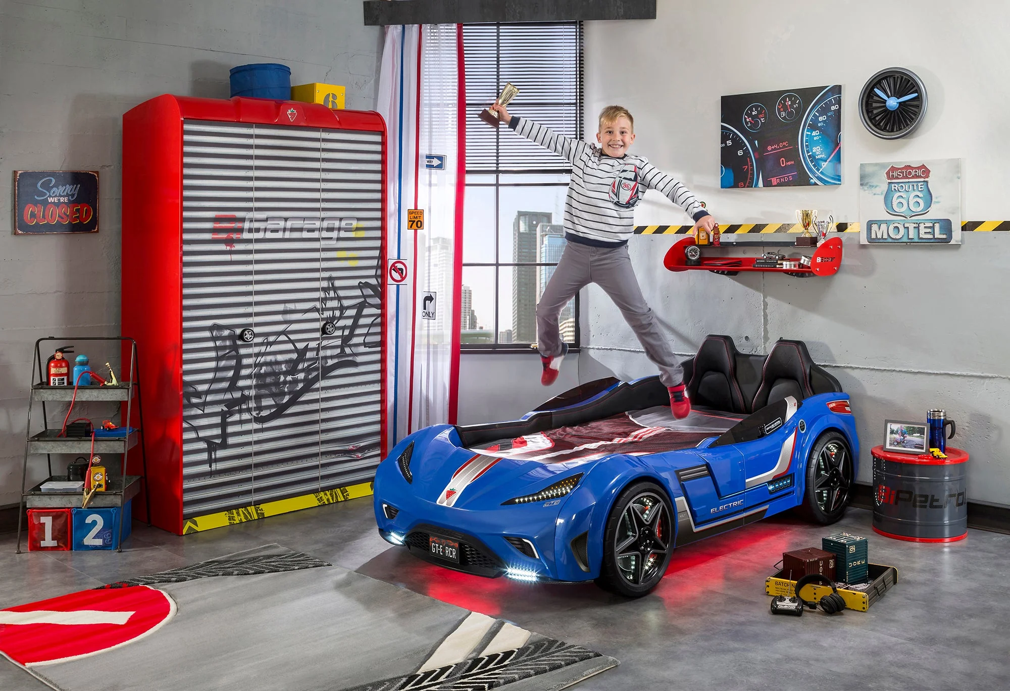 Легло-кола «GTE» + звук и LED осветление, с кожена тапицерия, цвят син, за матрак 100х190см - Image 5