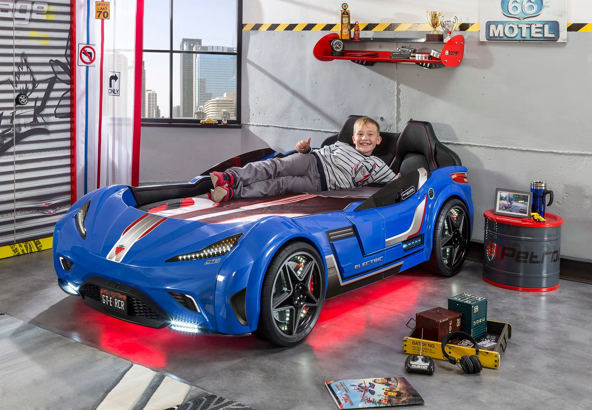 Легло-кола «GTE» + звук и LED осветление, с кожена тапицерия, цвят син, за матрак 100х190см - Image 6