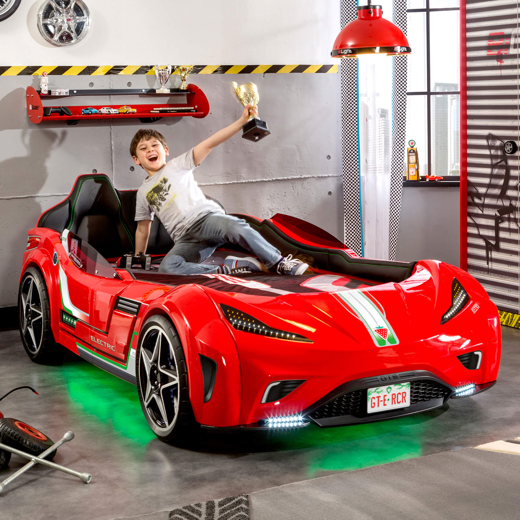 Легло-кола «GTE» + звук и LED осветление, с кожена тапицерия, цвят червен, за матрак 100х190см - Image 5