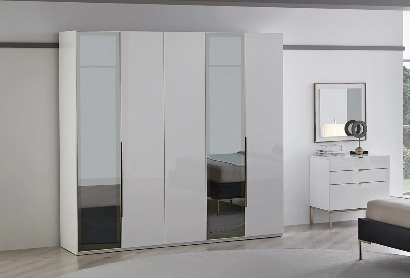 Петкрилен гардероб «Legato White» + стъклени врати, ширина 226см - Image 3