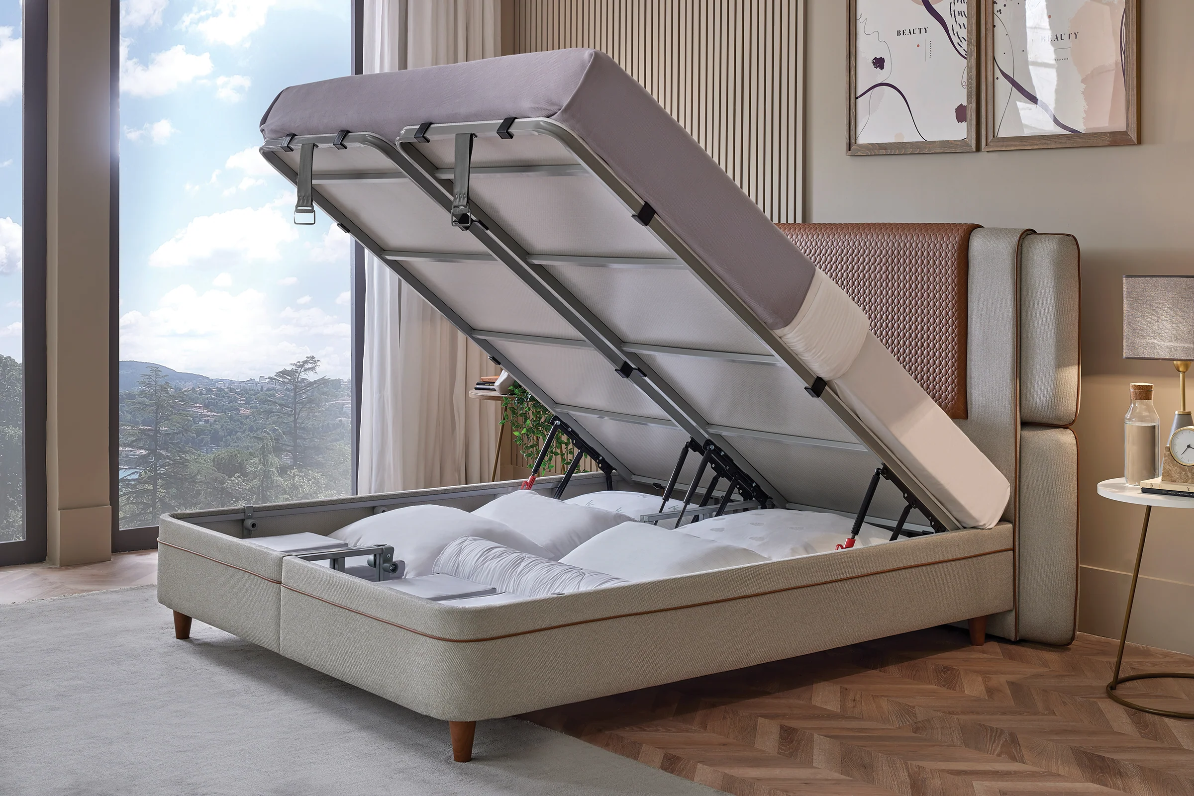 Тапицирано легло «Bamboo Pedic» + Матрак и табла - с място за съхранение, матрак с бамбукови влакна, с микрокапсули - Image 10