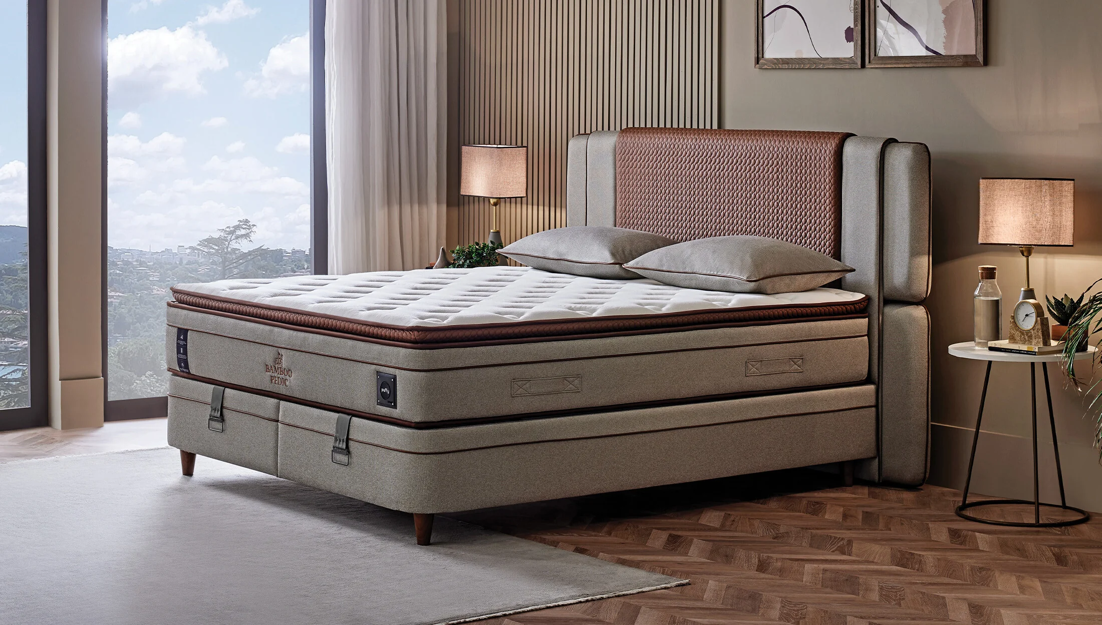 Тапицирано легло «Bamboo Pedic» + Матрак и табла - с място за съхранение, матрак с бамбукови влакна, с микрокапсули - Image 3